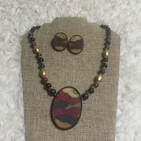 SET OF NECKLACE & EARRINGS ART GLASS  COLORFUL BEADS . - Picture 1 of 15